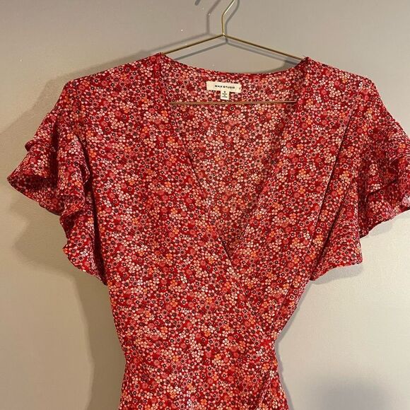 Max Studio Red Floral Ruffle Sleeve Wrap High Low Hem Dress | SZ S - Picture 10 of 17